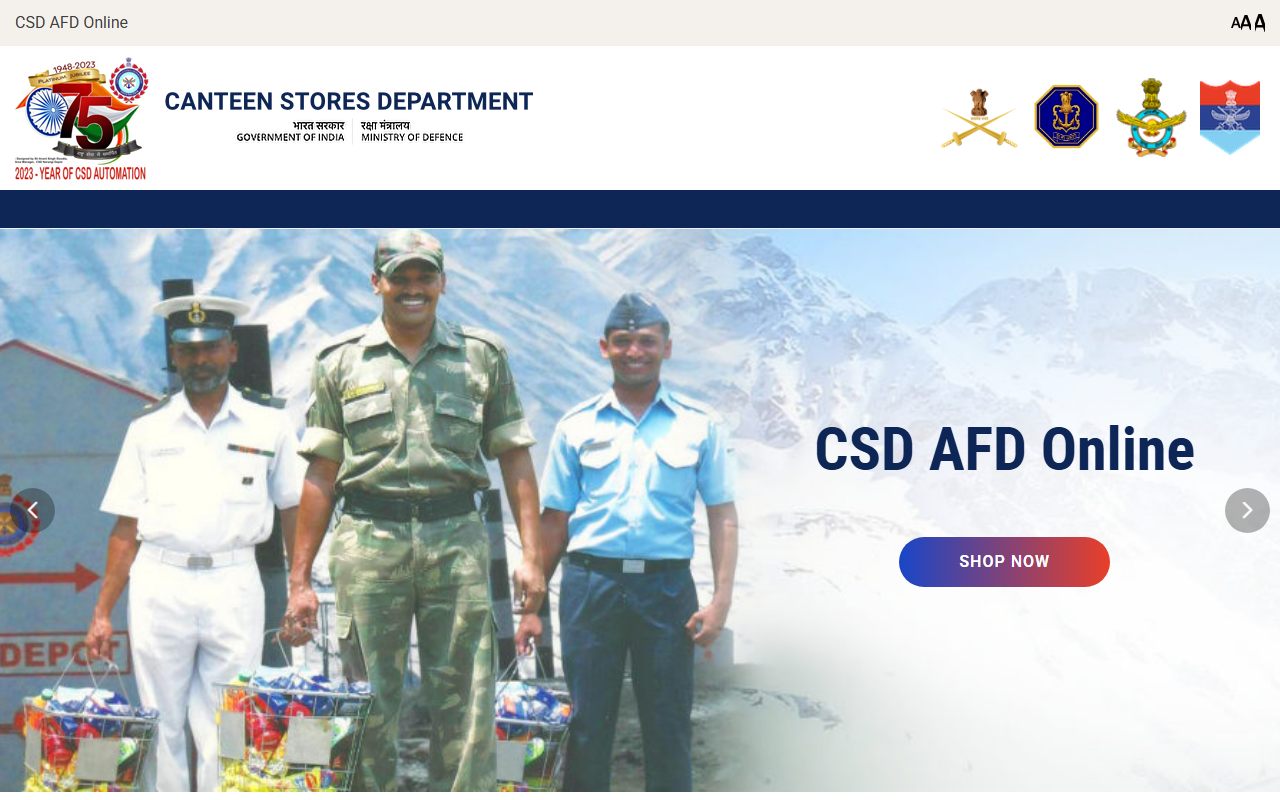 CSD AFD Online पोर्टल का पहला पन्ना — Canteen Stores Department का header, Government of India, Ministry of Defence, और Shop Now बटन वाला CSD AFD Online बैनर