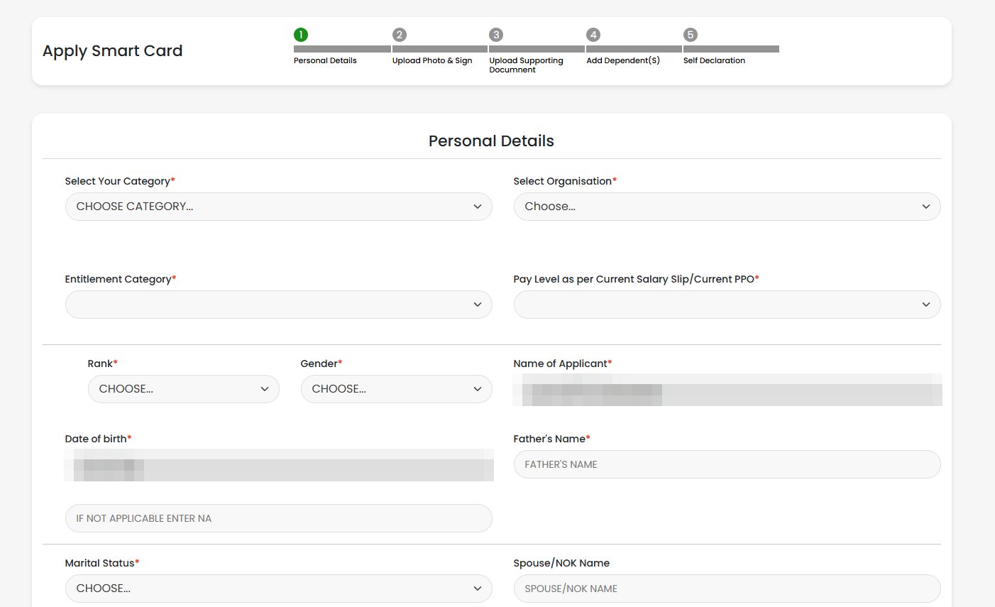 Apply Smart Card — Personal Details screen with category, organisation, entitlement category, pay level, rank and date fields; the name and date of birth are blurred