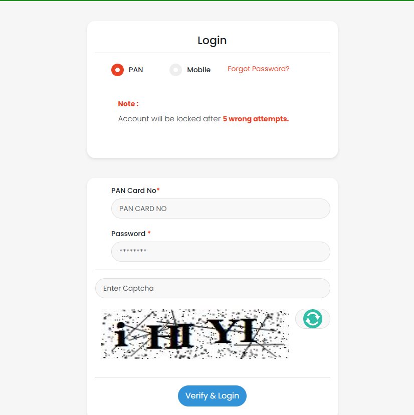Login screen with PAN or Mobile options, password field, captcha, and the note that the account locks after 5 wrong attempts