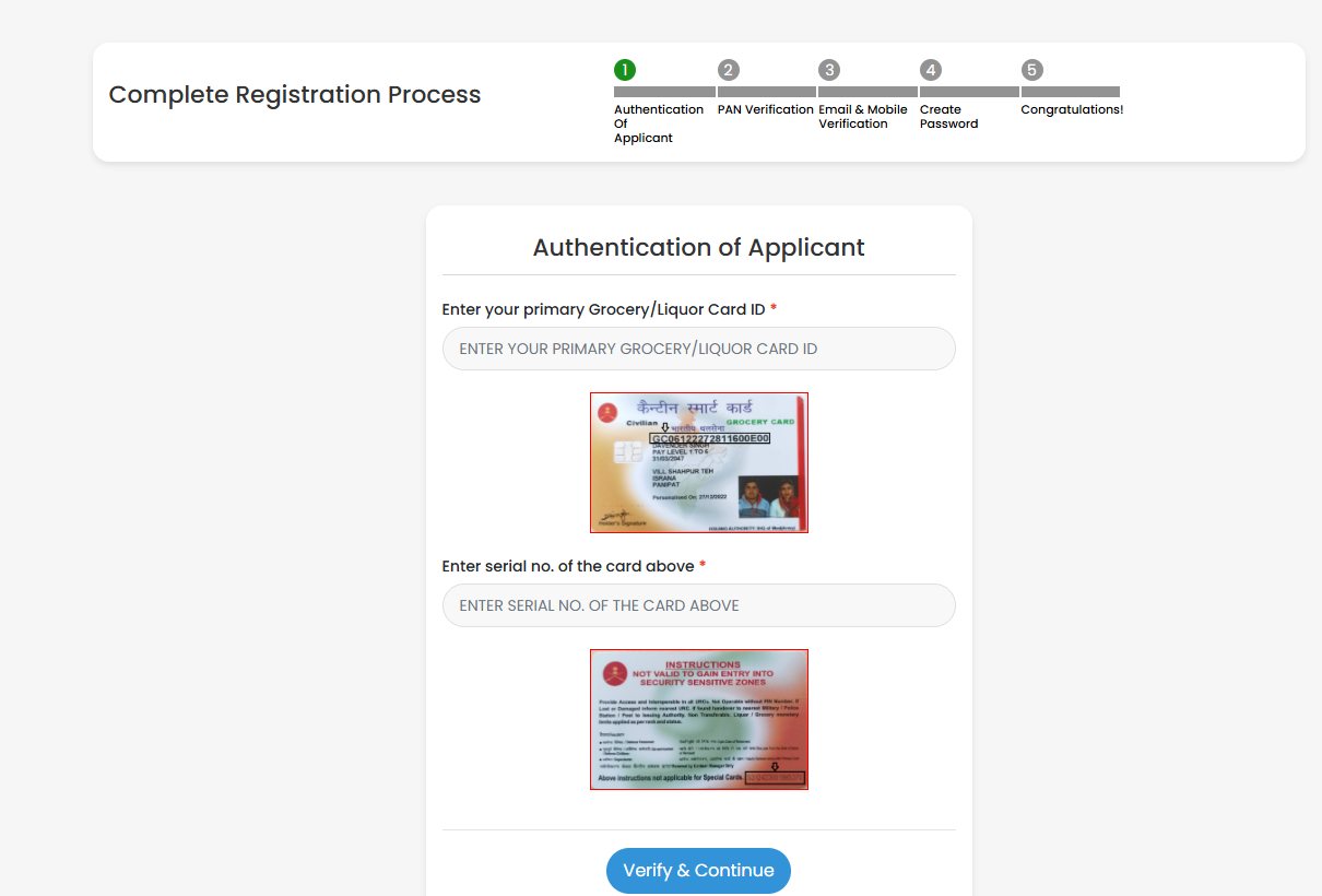 Registration screen 1 on csdsmartcard.co.in — fields for the grocery/liquor card ID and serial number, with the portal's sample card images showing where each number is printed