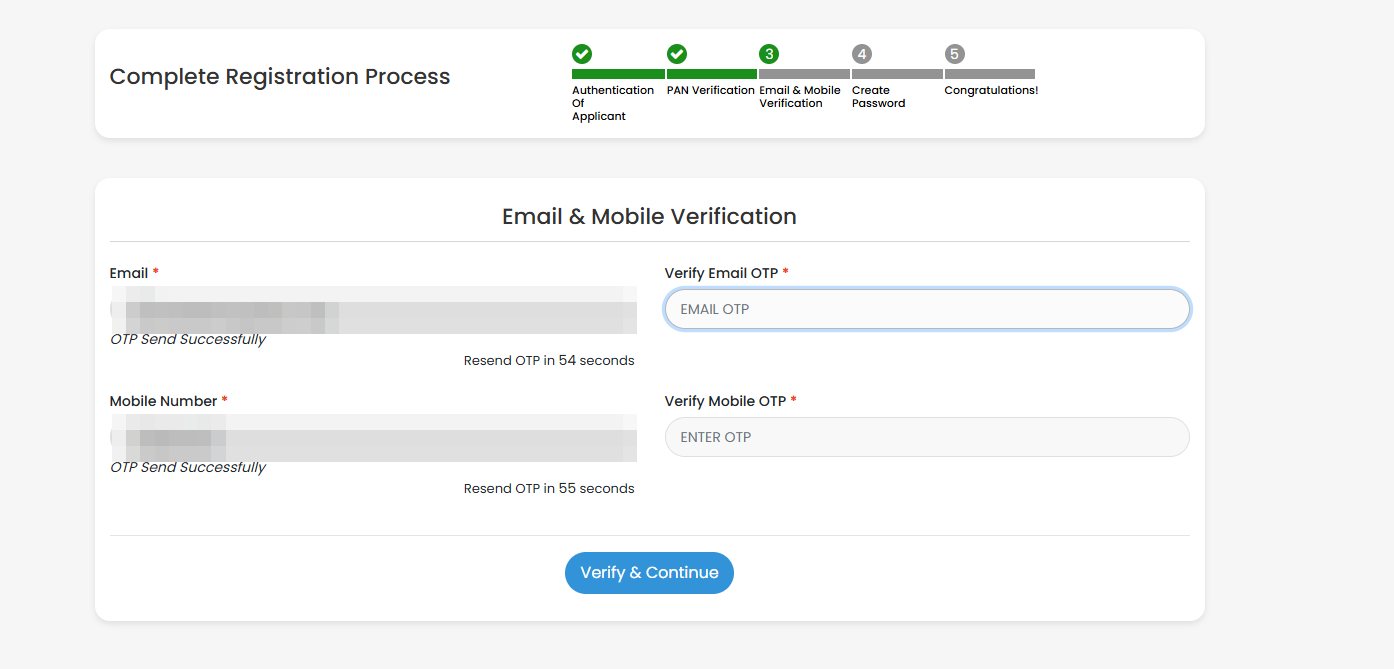 Email and Mobile Verification screen with an OTP sent to both and resend timers running; the email address and mobile number are blurred