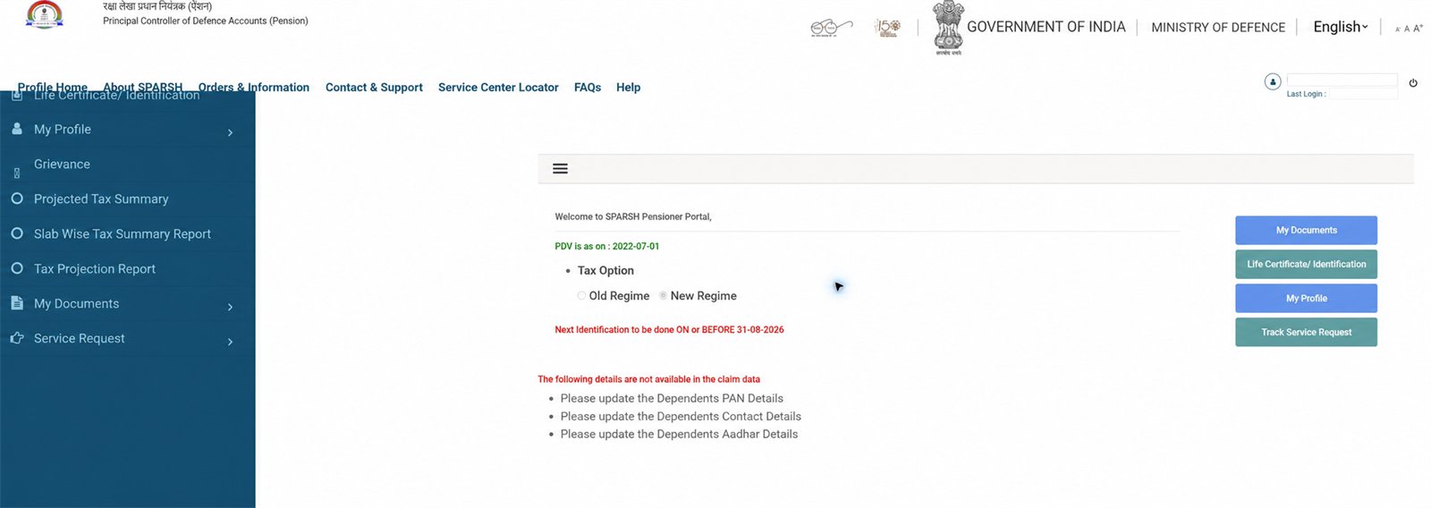 Privacy-redacted SPARSH pensioner dashboard with main account areas