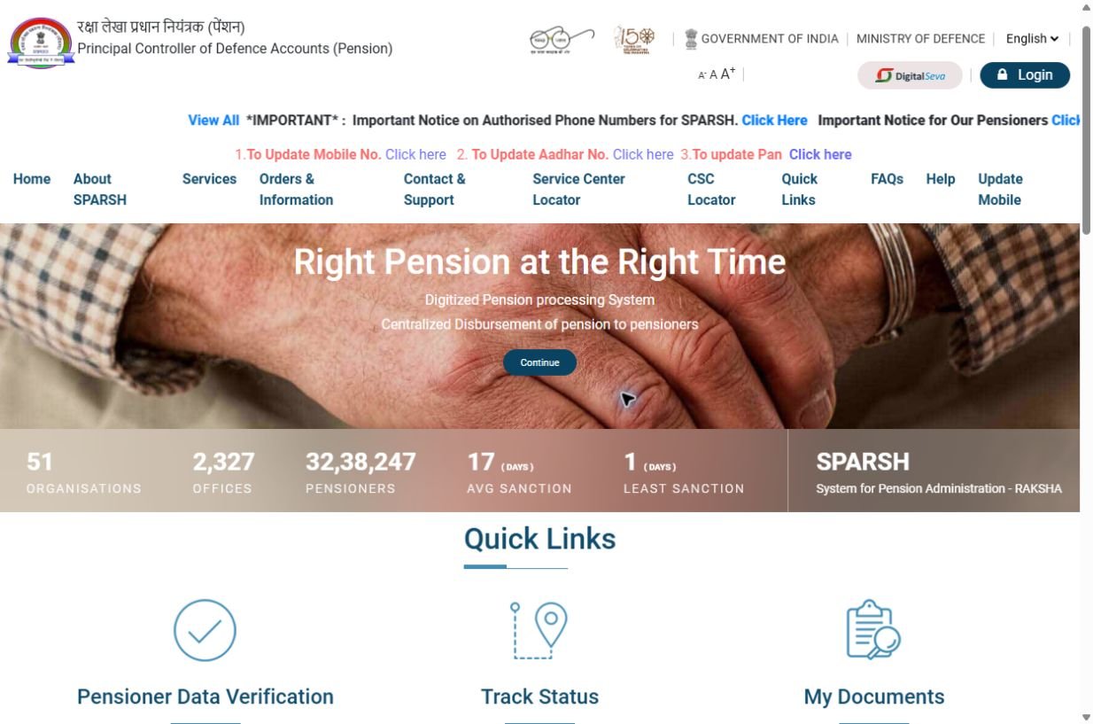असली SPARSH homepage जिसमें PCDA Pension header, navigation, Login button और My Documents quick link दिख रहे हैं