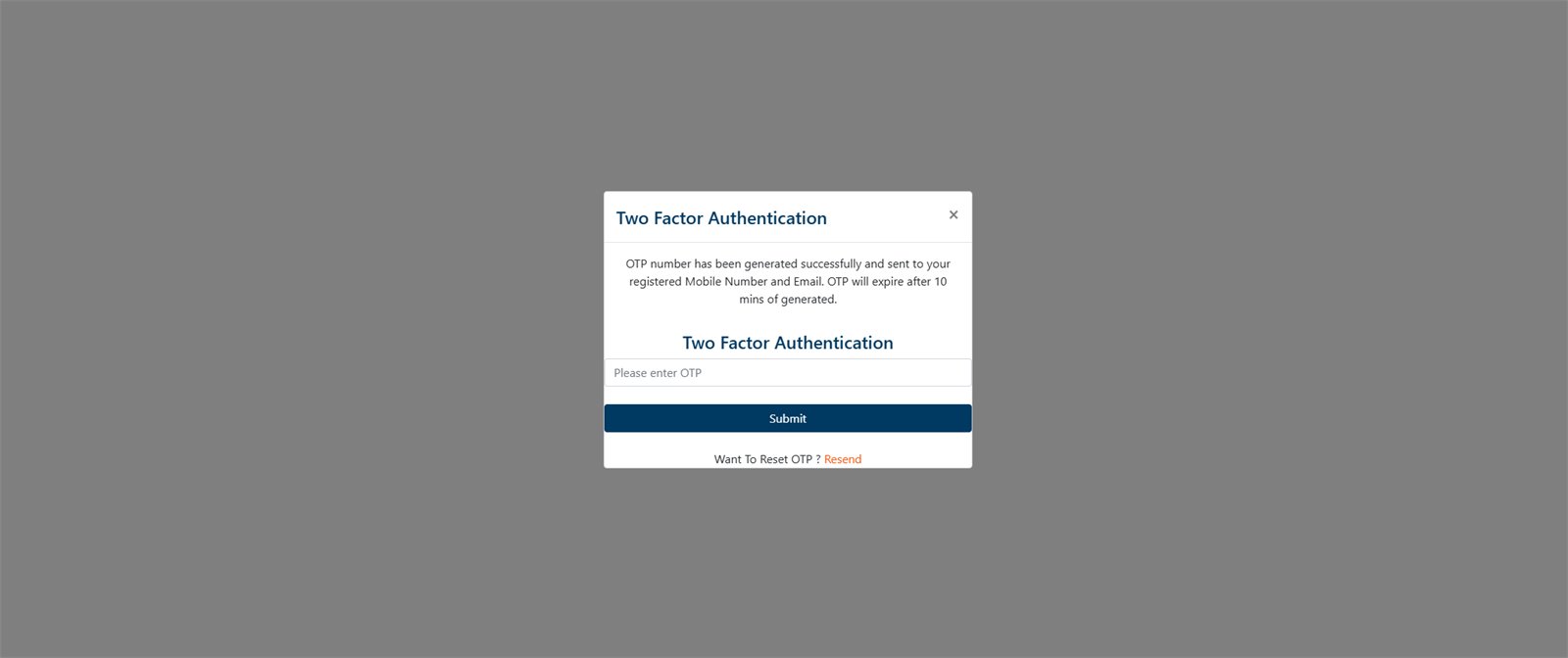 SPARSH two-factor authentication OTP window saying the OTP expires after ten minutes