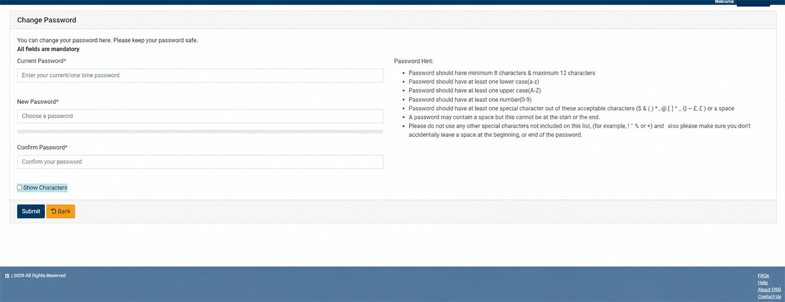 SPARSH Change Password form with account-holder name safely redacted
